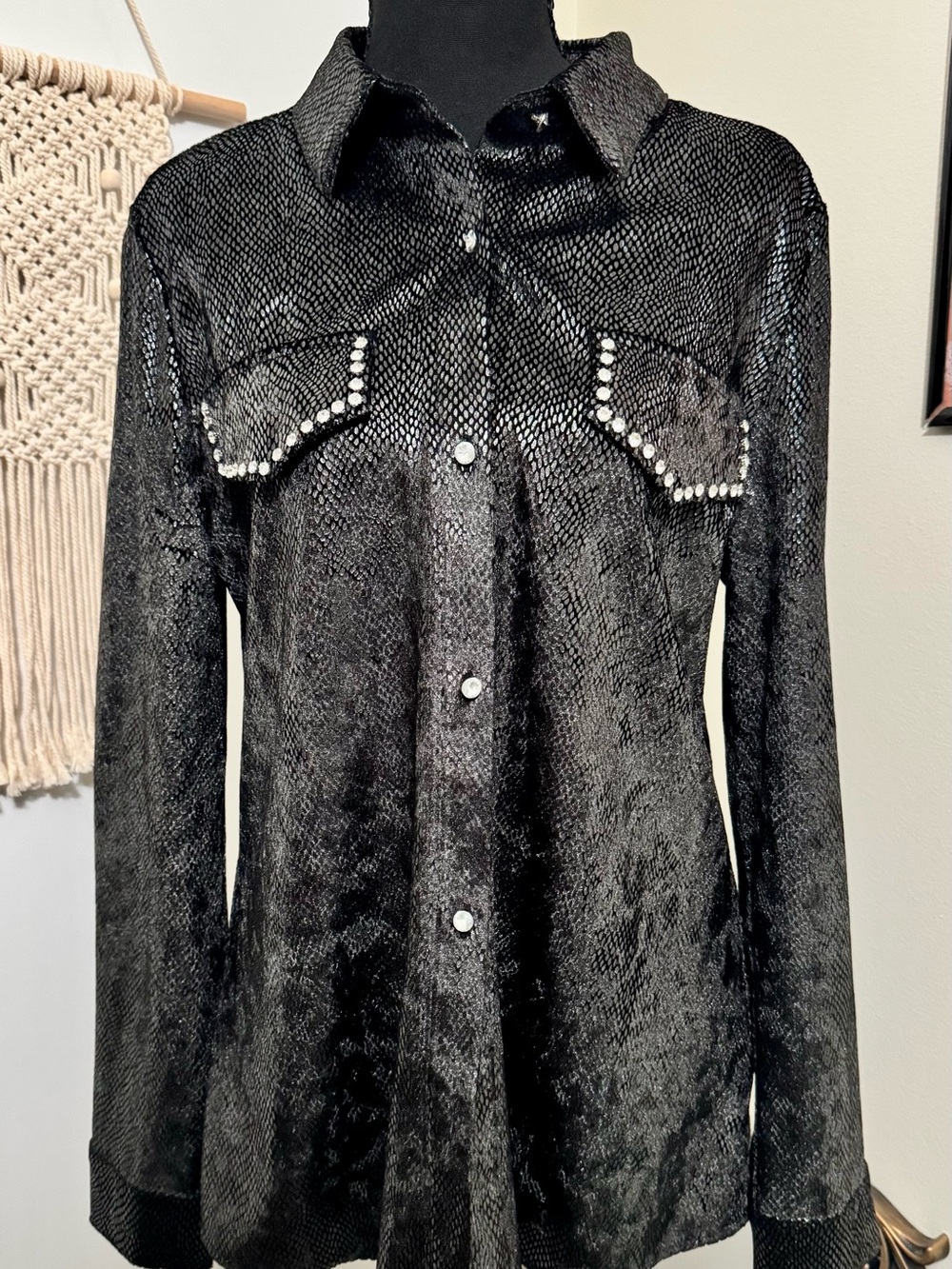 Black Stud-Trim Button Front Blouse